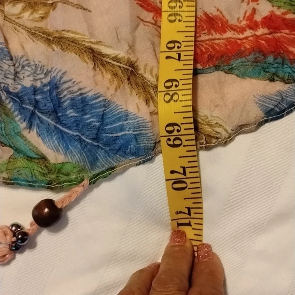 Pretty Angel Linen Scarf with Multicolor Pattern and Beads, NWT